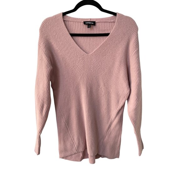 Express Sweaters - Express V Neck Ribbed Knit Pullover Sweater Size XS Pink Nylon Soft Cozy Relaxed